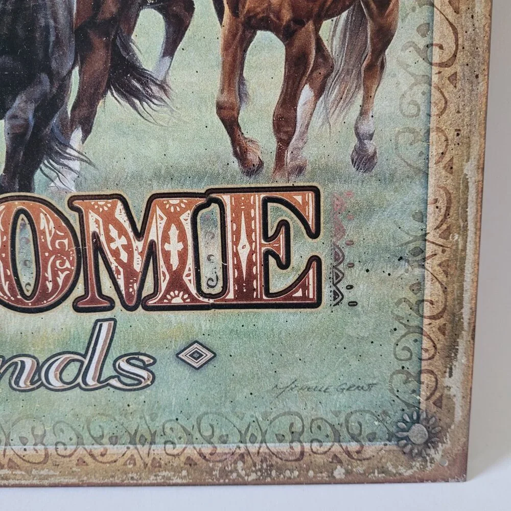 Running Horses Rustic Metal Tin Sign Welcome Friends Western Decor 16